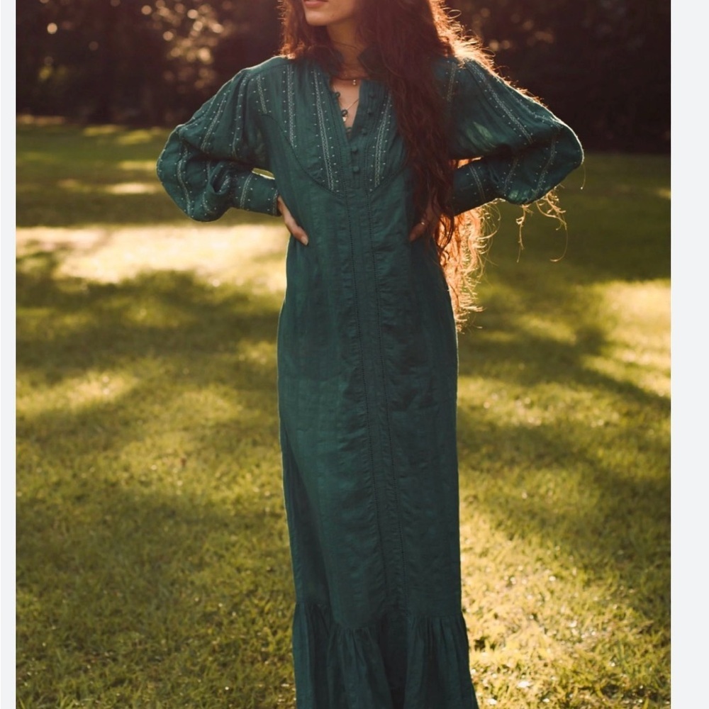 Ex Voto Sutton Embroidered Maxi Dress Emerald Green Size XS New Feminine Modest